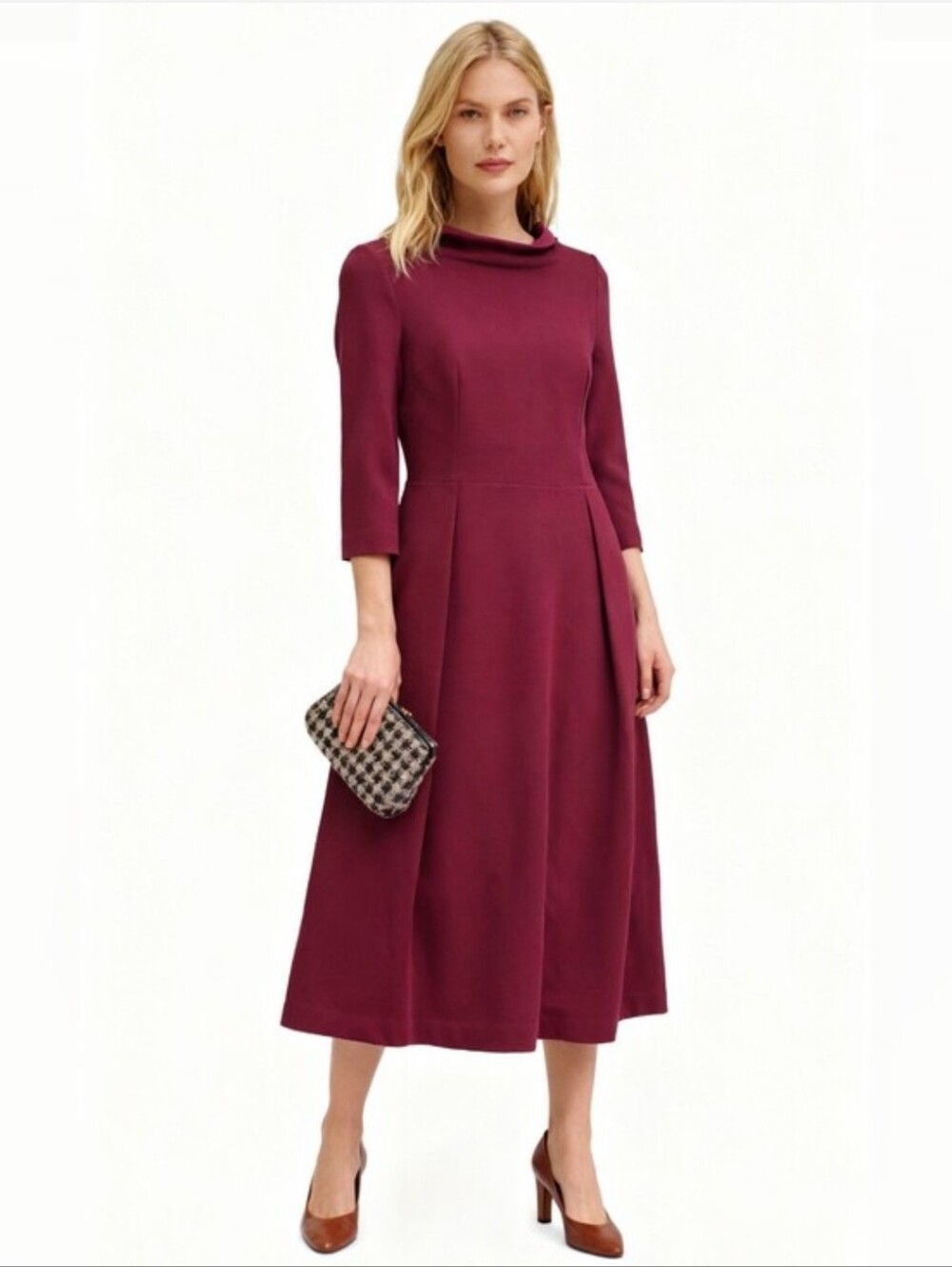 BODEN BURGUNDY TEXTURED FIT & FLARE MIDI DRESS SIZE US 14R